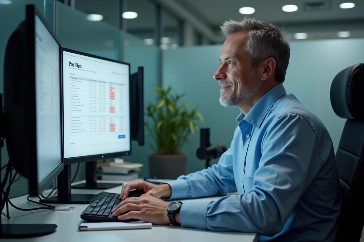 Homme vérifiant ses fiches de paie dans un bureau organisé