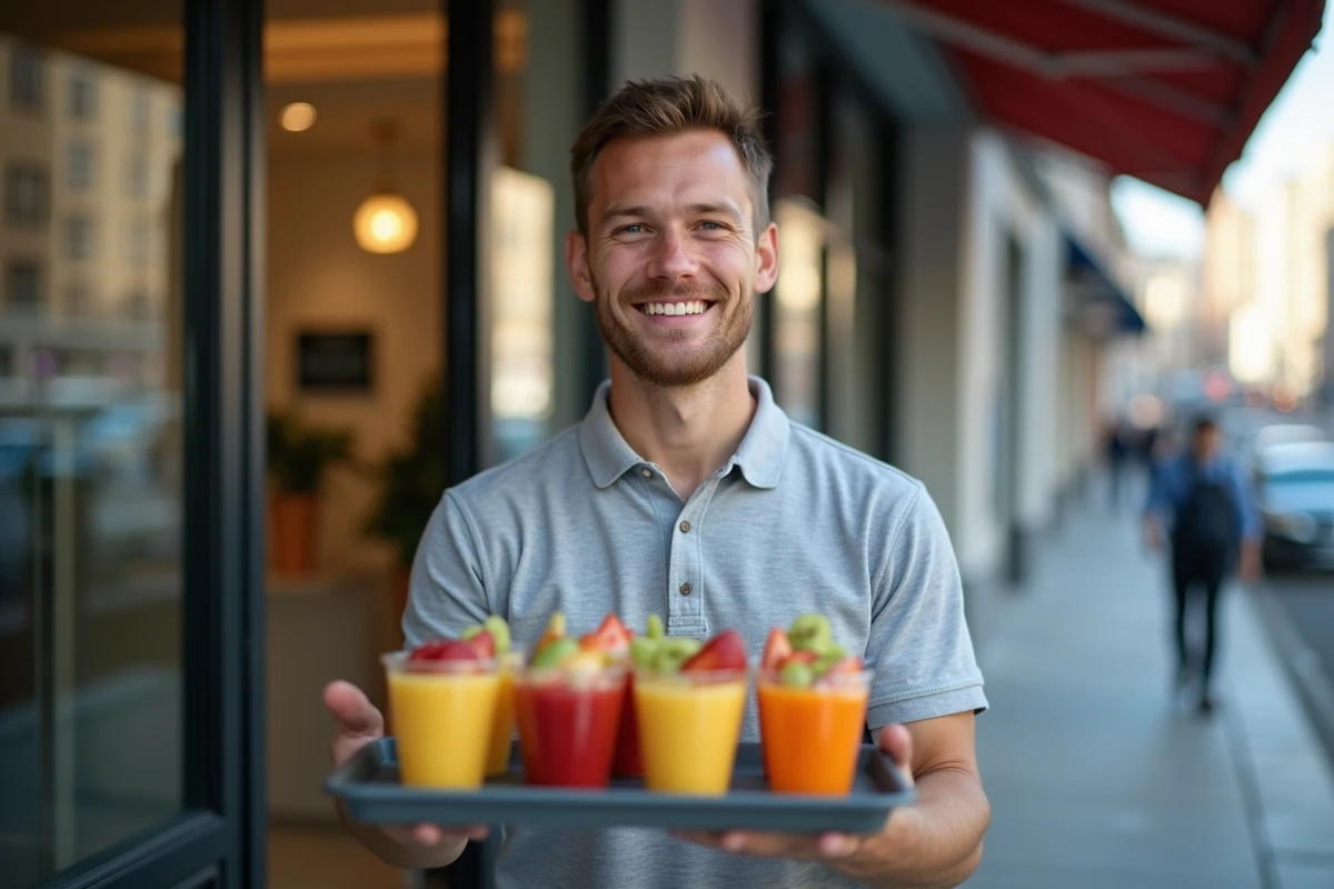 Jeune homme avec plateau de fruits dans la rue urbaine