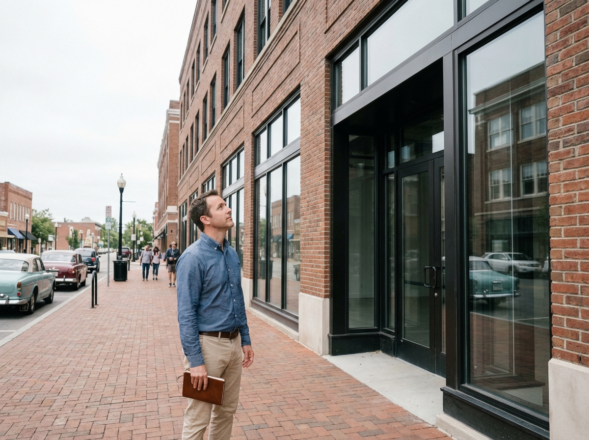 Jeune homme devant un bâtiment rénové en ville