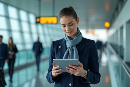 Hôtesse de l'air consultant l'application GPNet AF sur une tablette dans un terminal d'aéroport