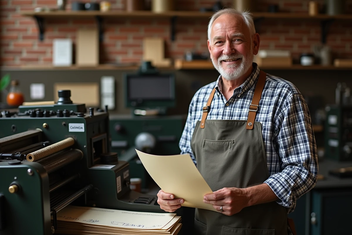 Imprimeur ancien avec presse offset dans un atelier artisanal