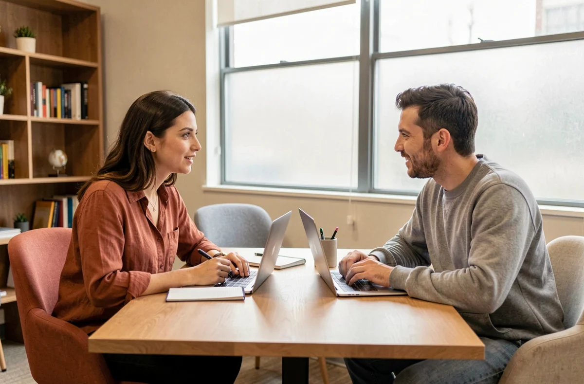 Deux indépendants en discussion collaborative autour d'une table partagée dans un espace de coworking à Gradignan