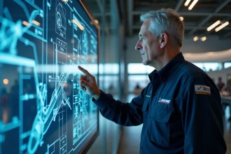 Ingénieur aéronautique Boeing analysant des schémas 3D d'avion sur écran tactile dans un hangar de conception moderne en 2026