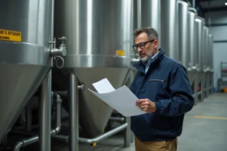 Ingénieur agronome examinant des documents techniques devant un réservoir de stockage d'engrais nitrogénés dans une installation industrielle à Genève