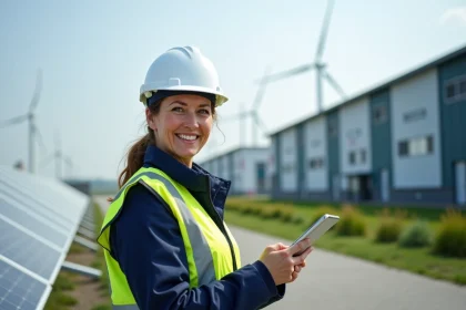 Ingénieure solaire inspectant des panneaux solaires en extérieur