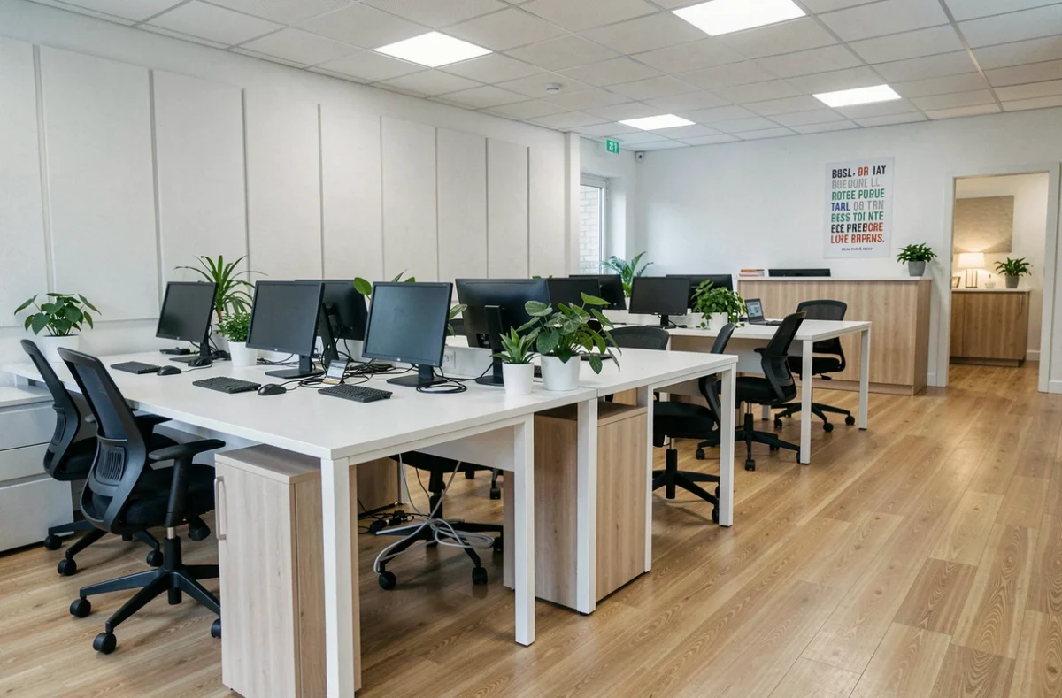 Vue intérieure d'un espace de coworking vide à Gradignan avec des postes de travail modulables et une ambiance professionnelle