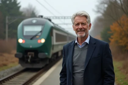 Jean Rouillon, représentant du développement du transport régional dans les Vosges, posant devant un train régional en gare rurale entourée de forêts de montagne automnales