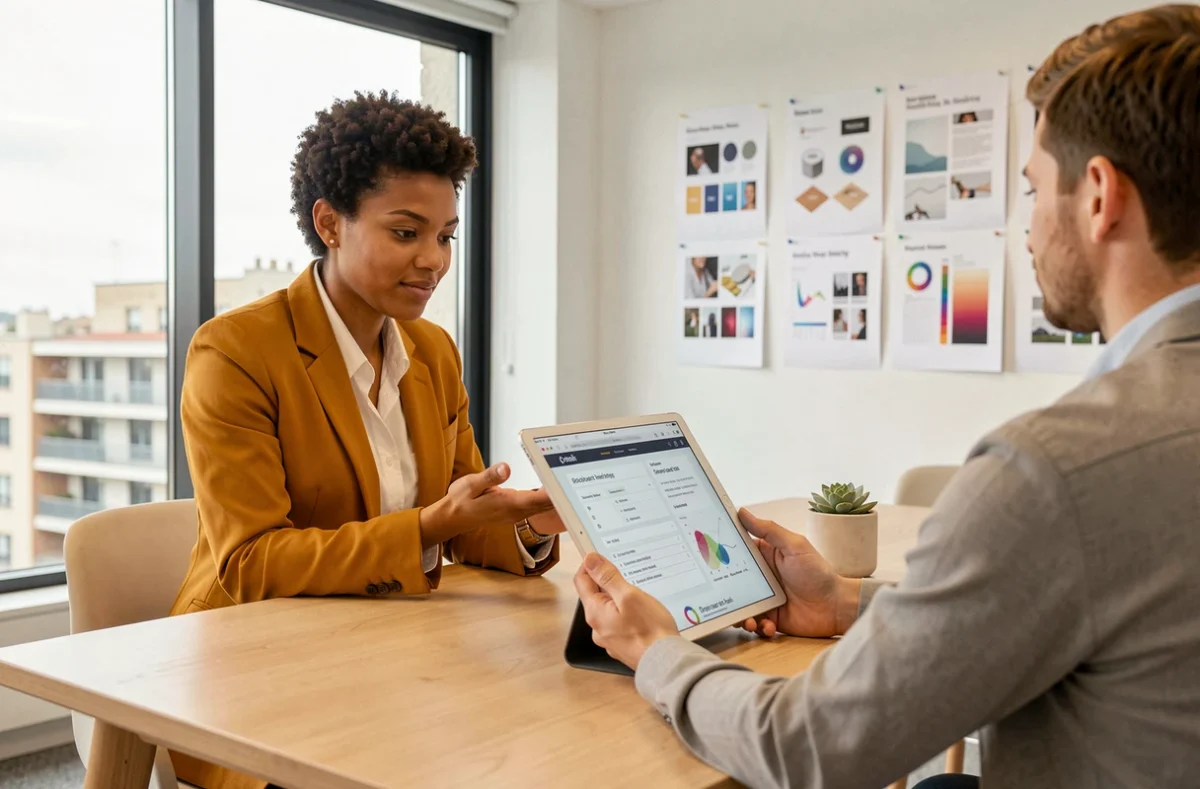 Consultante de l'agence JEEKO à Créteil présentant une proposition de création de site web sur tablette lors d'une réunion