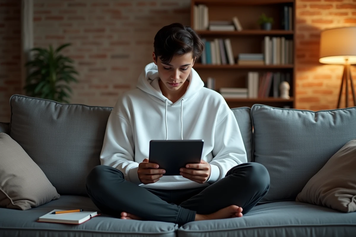 Jeune adulte automatisant ses tâches quotidiennes avec l'IA Mistral Le Chat sur une tablette depuis son canapé à domicile