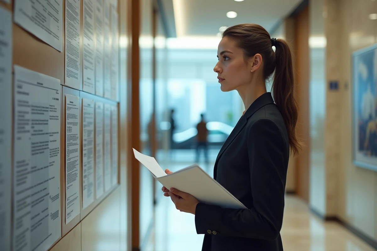 Jeune femme en blazer tenant des documents juridiques dans un bureau moderne