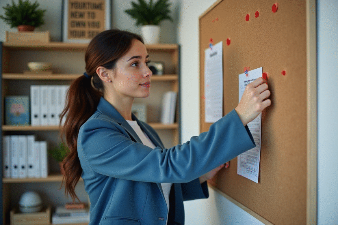 Jeune femme pinçant une affiche dans un bureau moderne