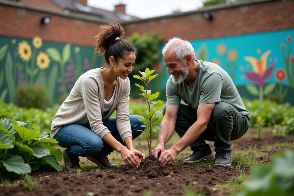 Jeune femme et homme plantant un arbre dans un jardin communautaire