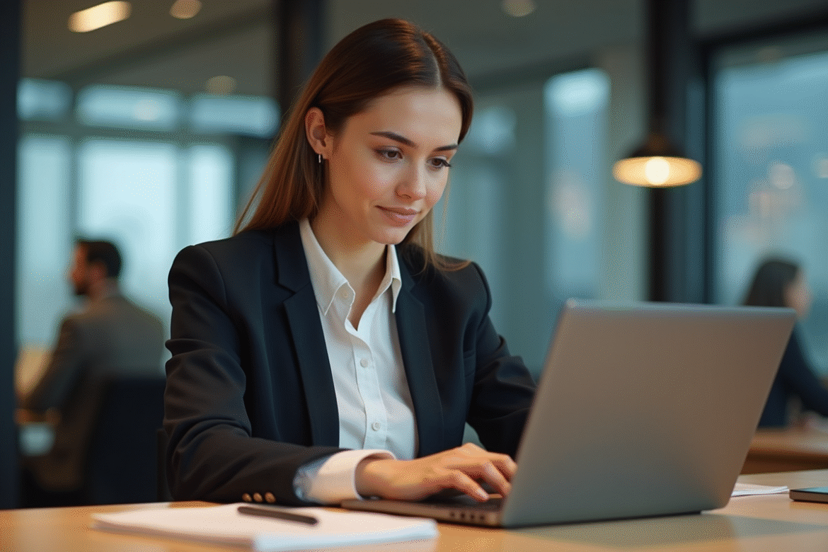 Jeune femme professionnelle concentrée sur son ordinateur au bureau