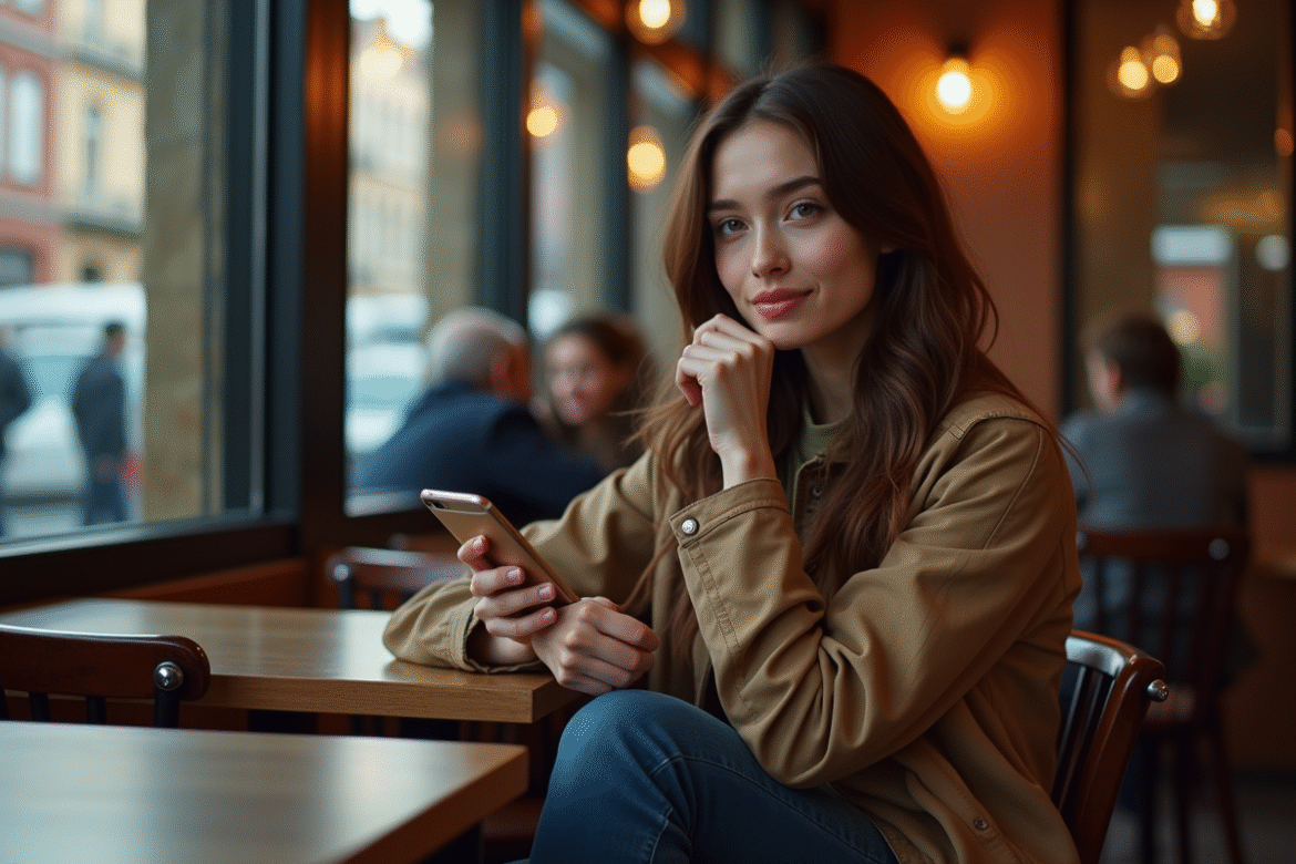 Jeune femme au café regardant son smartphone avec une expression préoccupée