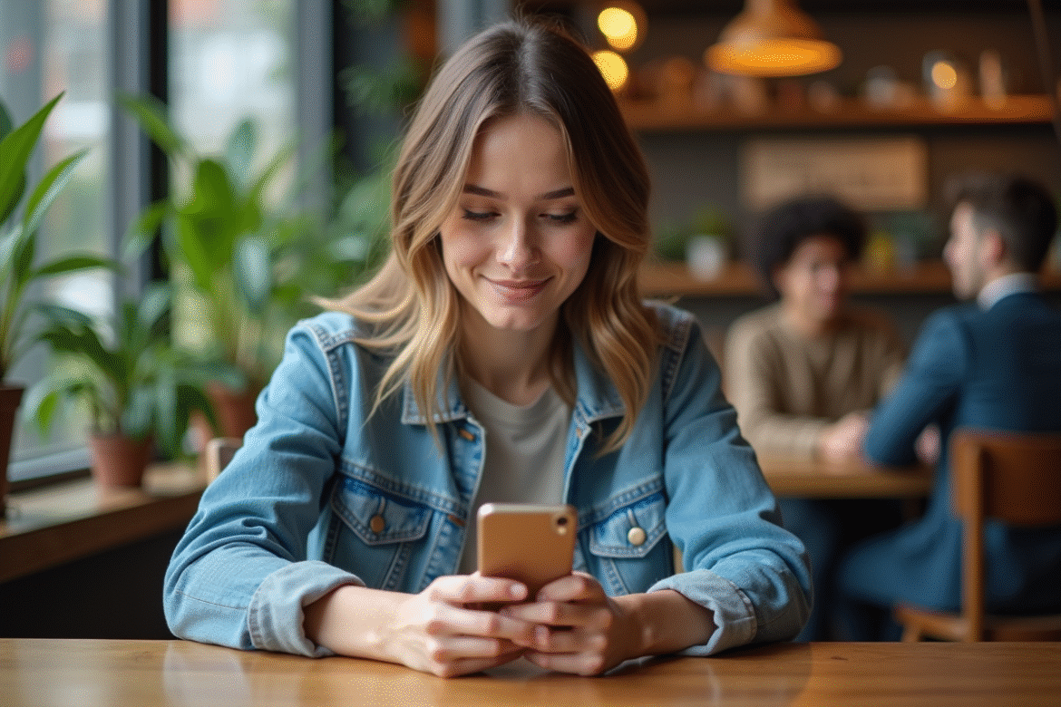 Jeune femme souriante utilisant son smartphone au café