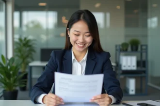 Jeune femme professionnelle souriante et confiante avec son CV