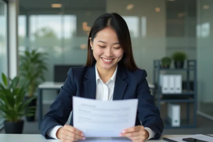 Jeune femme professionnelle souriante et confiante avec son CV
