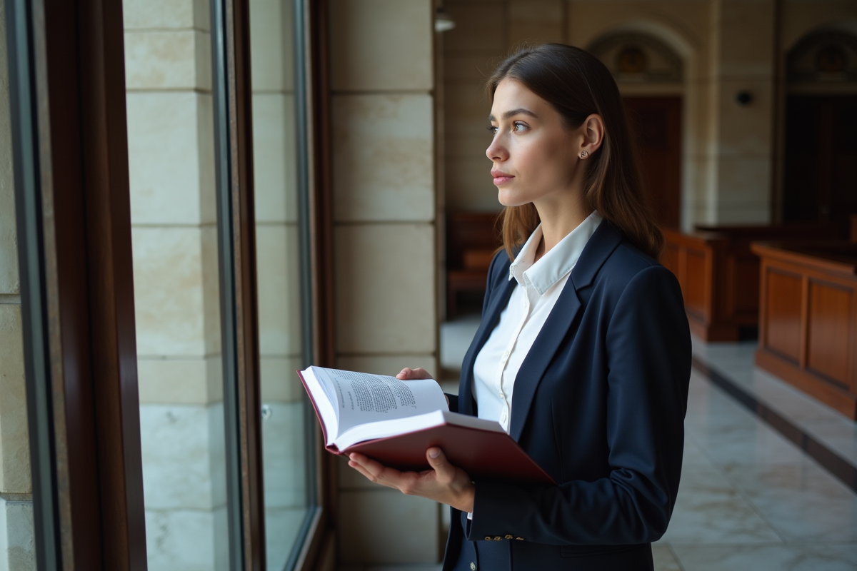 Jeune femme professionnelle regardant un livre de droit près d une fenêtre