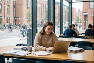 Jeune femme au coworking moderne avec vue urbaine