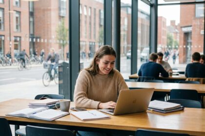Jeune femme au coworking moderne avec vue urbaine