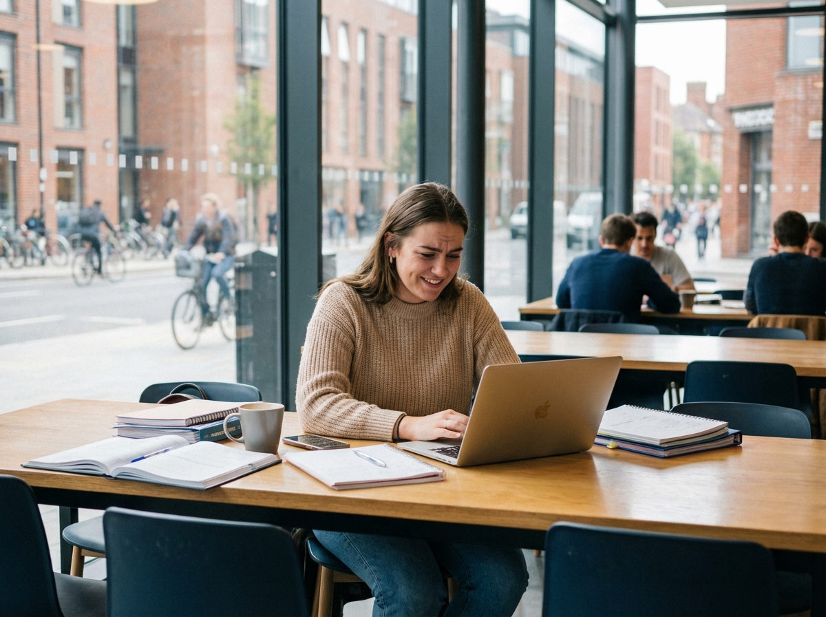 Jeune femme au coworking moderne avec vue urbaine