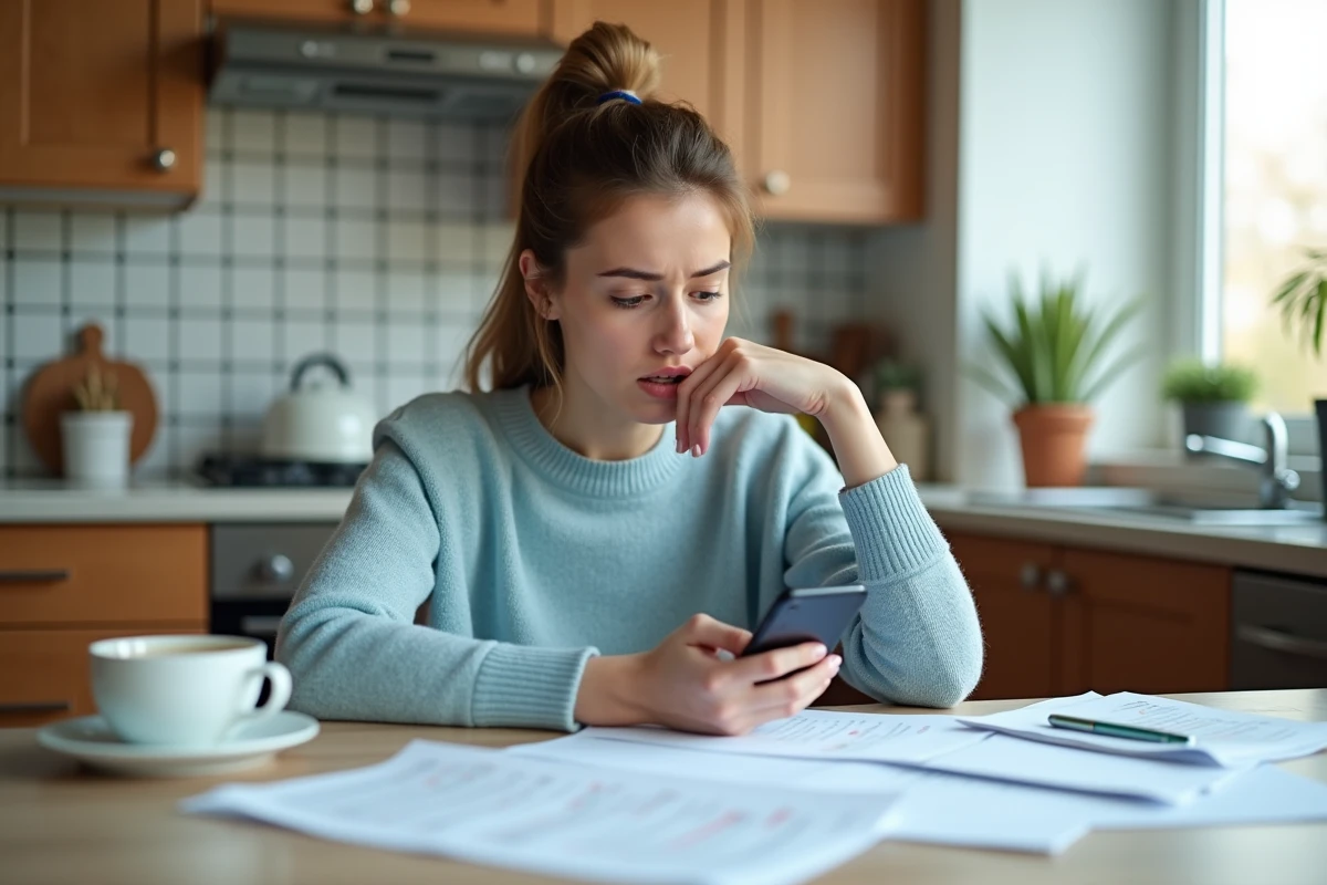 Jeune femme dans sa cuisine regardant son téléphone avec scepticisme