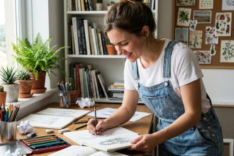 Jeune femme en overalls dessinant dans son studio cosy