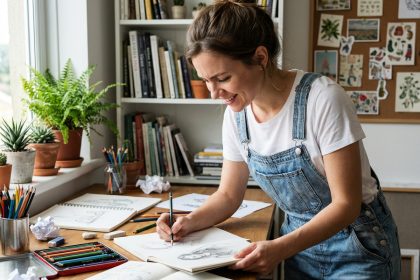 Jeune femme en overalls dessinant dans son studio cosy