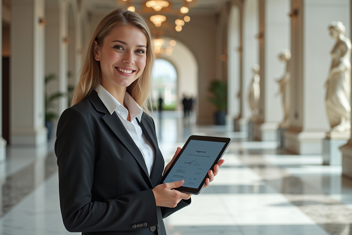 Jeune femme en costume tenant une tablette dans un hall moderne