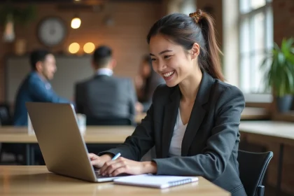 Jeune femme en blazer travaillant sur un plan d'affaires