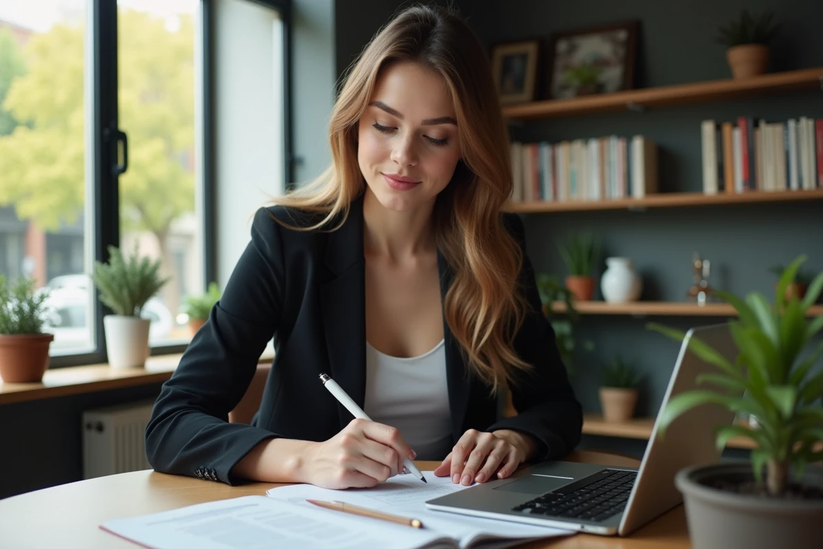 Jeune femme travaillant sur son ordinateur dans un bureau à domicile