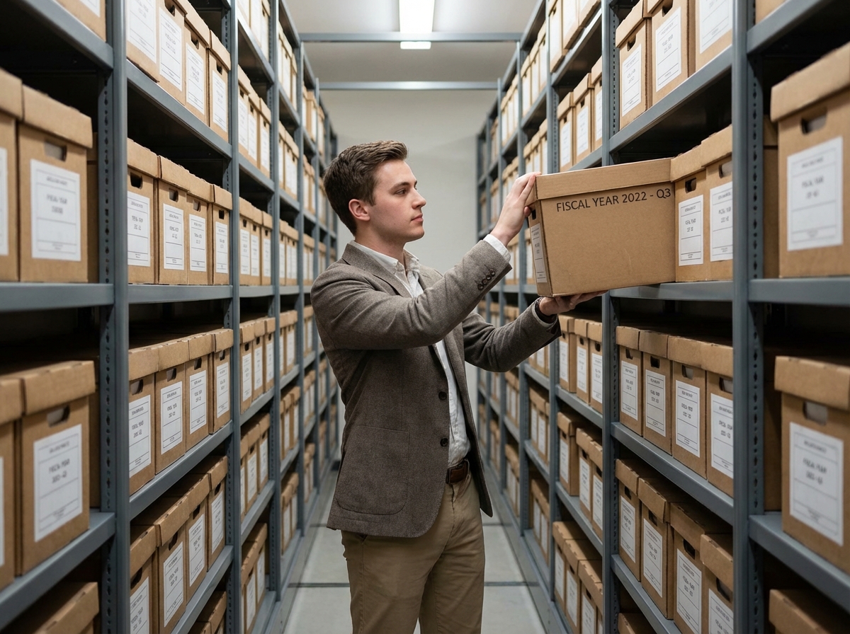 Jeune homme organisant des archives dans une salle