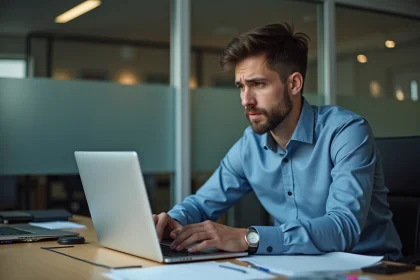 Jeune homme professionnel concentré devant son ordinateur au bureau