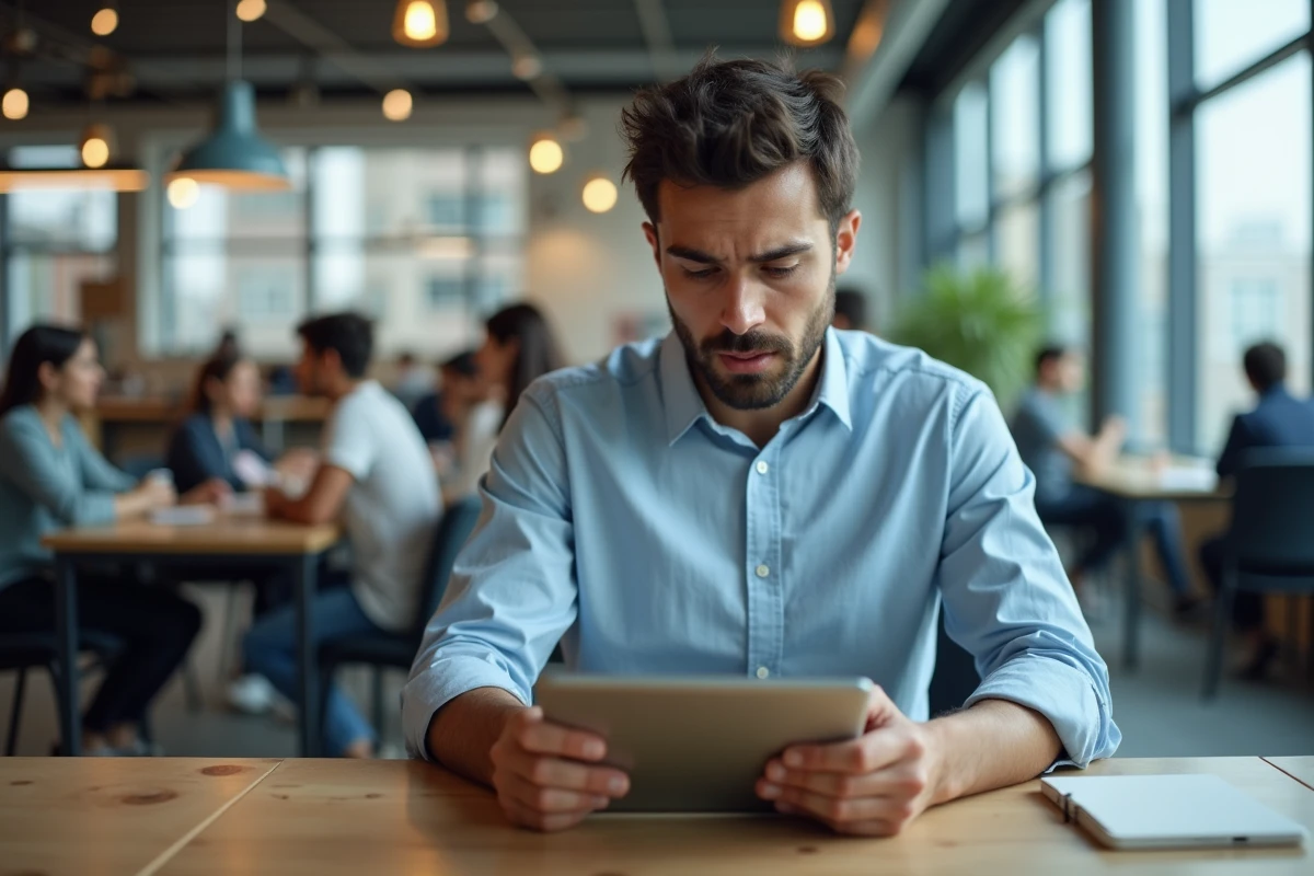 Jeune homme regardant un message d