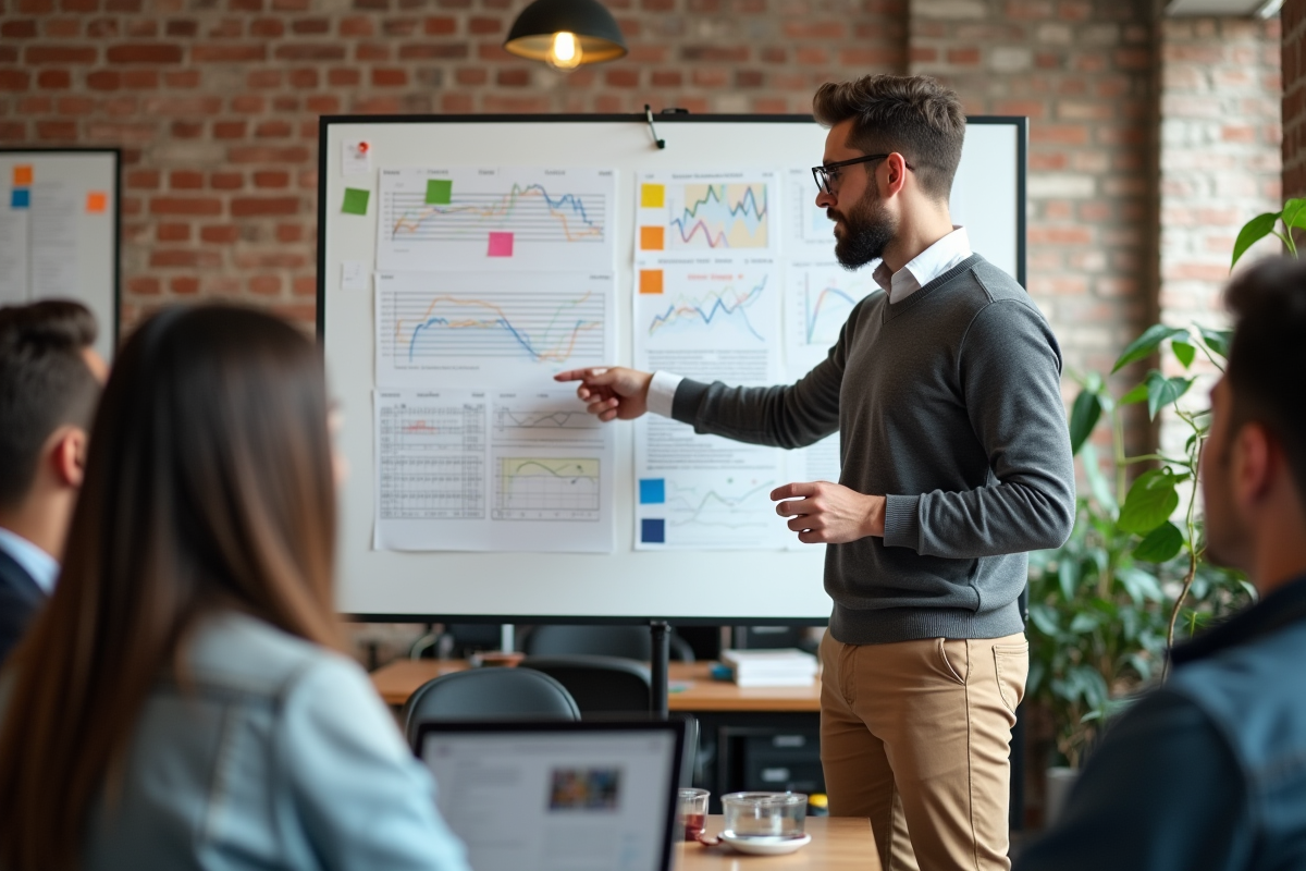 Jeune homme expliquant des KPI devant un tableau blanc