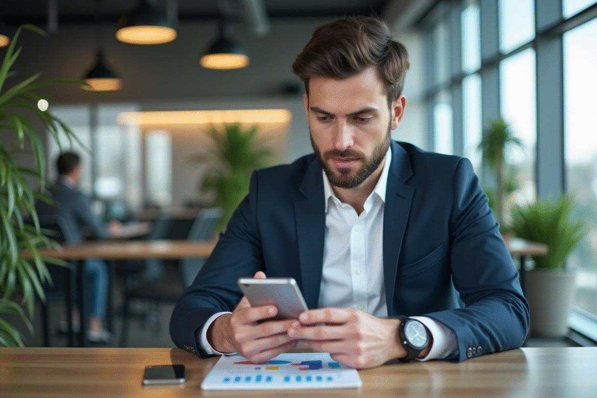 Jeune homme professionnel utilisant smartphone et tablette