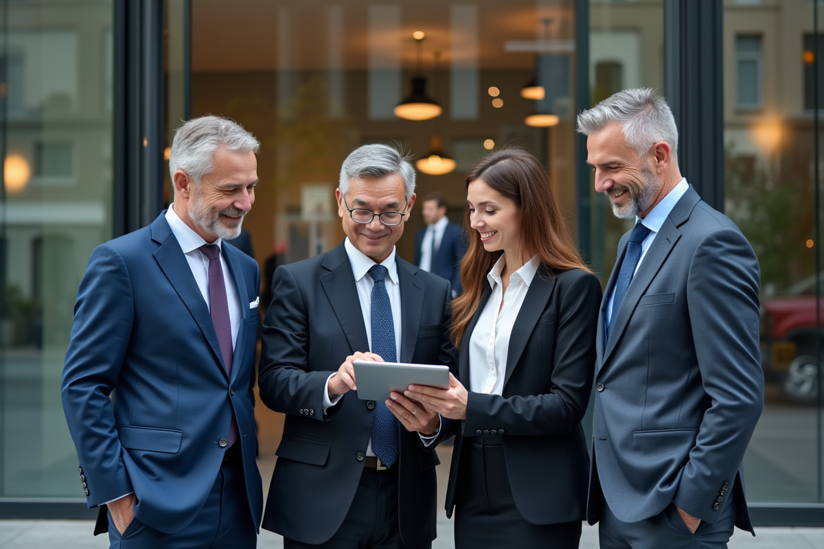 Groupe de cadres diversifiés devant un bâtiment de bureau urbain