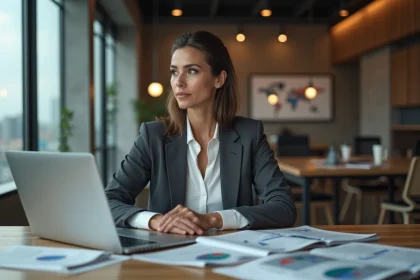 Journaliste business femme analysant des tendances sur un laptop dans une rédaction moderne