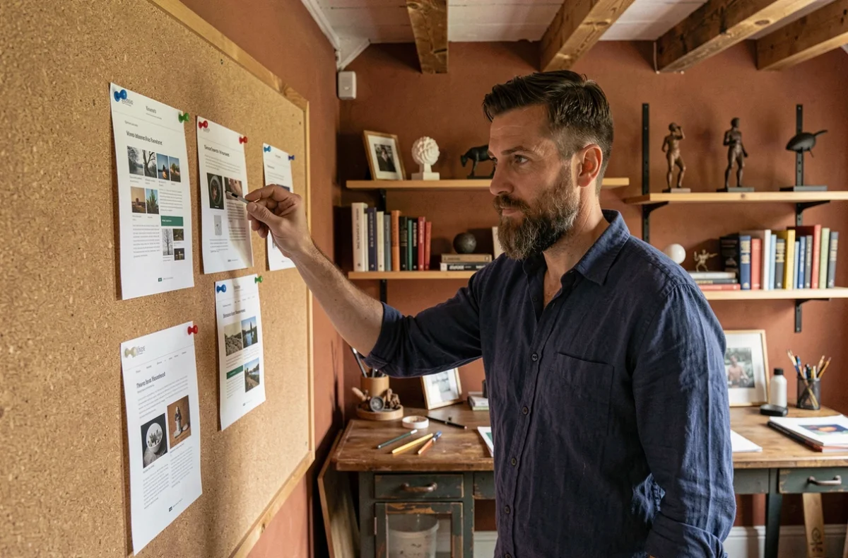 Directeur créatif de La Nébuleuse à Vincennes affichant des maquettes de sites internet sur un tableau d'inspiration en liège
