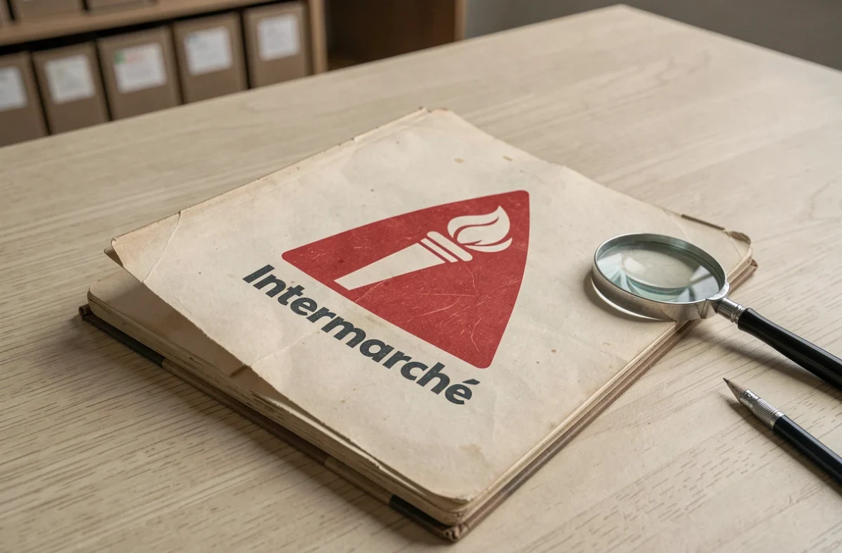Livre d'identité visuelle vintage ouvert sur les anciennes versions du logo Intermarché avec loupe posée à côté