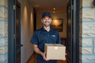 Livreur en uniforme souriant devant une porte moderne