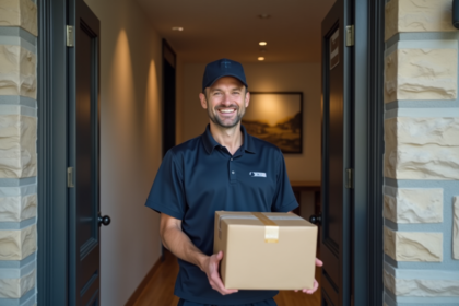 Livreur en uniforme souriant devant une porte moderne