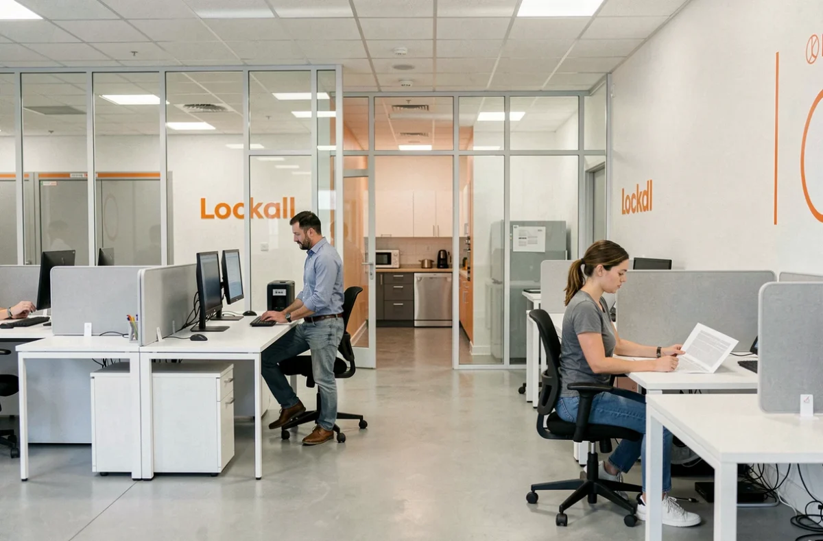 Espace de coworking Lockall à Argenteuil avec couloir de stockage sécurisé et postes de travail individuels