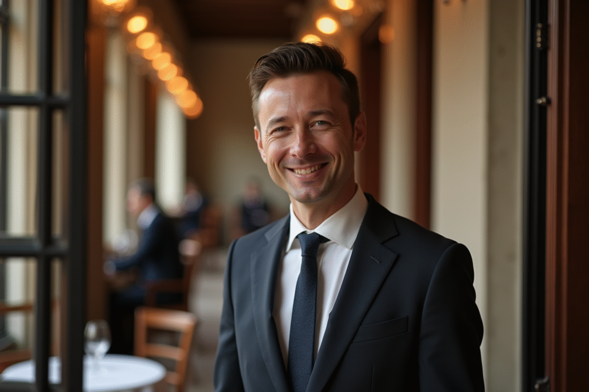Maître d'hôtel élégant accueillant dans un restaurant raffiné
