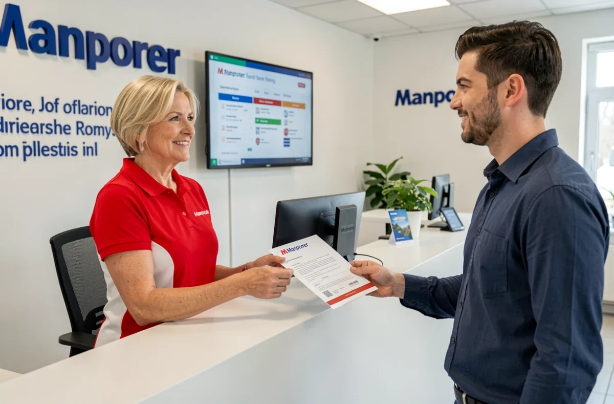 Une recruteuse Manpower Nantes remettant un contrat à un candidat à l'accueil de l'agence