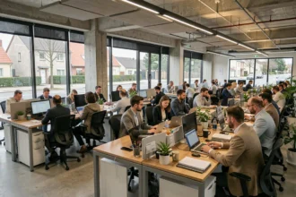 Vue d'ensemble d'un espace de coworking moderne dans le Val-d'Oise avec des professionnels au travail