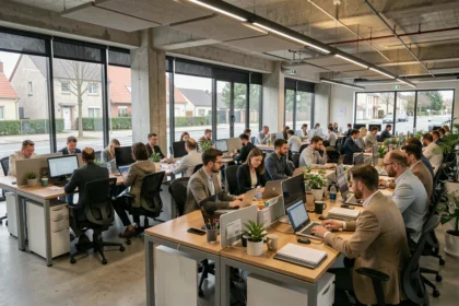 Vue d'ensemble d'un espace de coworking moderne dans le Val-d'Oise avec des professionnels au travail