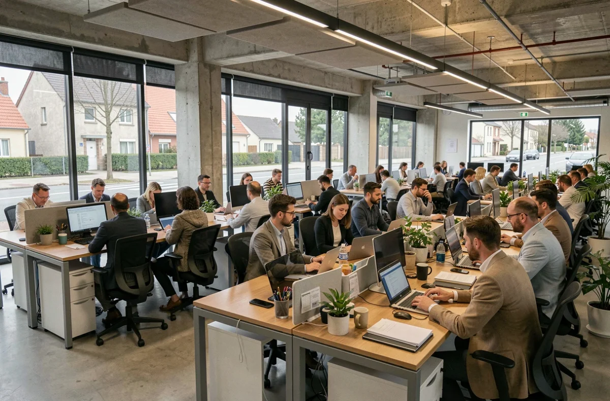 Vue d'ensemble d'un espace de coworking moderne dans le Val-d'Oise avec des professionnels au travail
