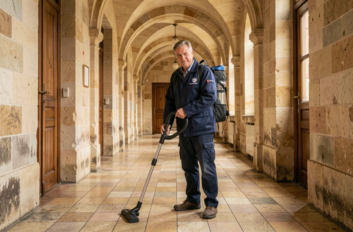 Agent Nantaise de Propreté aspirant le sol d'un couloir de bâtiment historique à Nantes