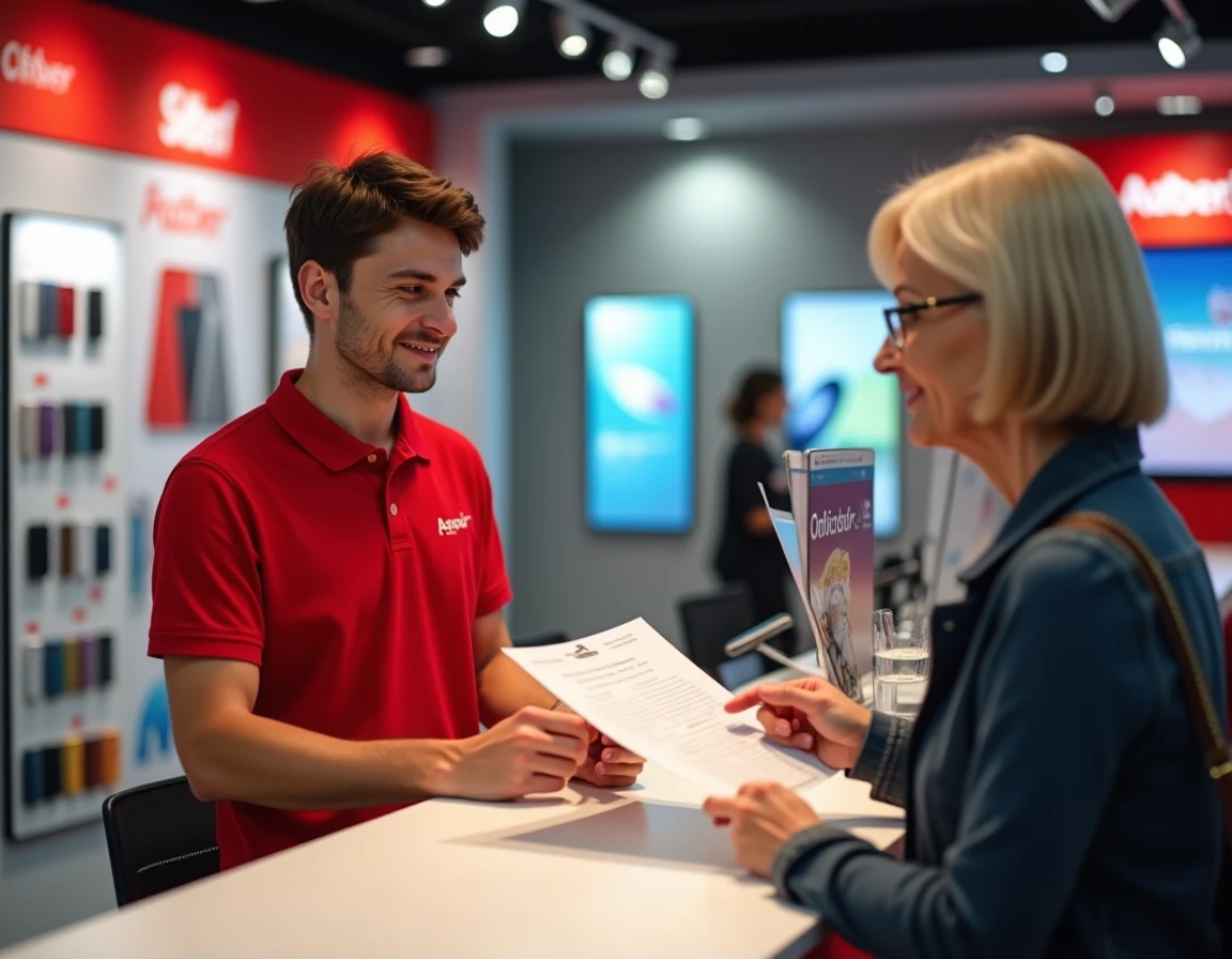 Cliente négociant son offre SFR avec un conseiller en boutique télécom